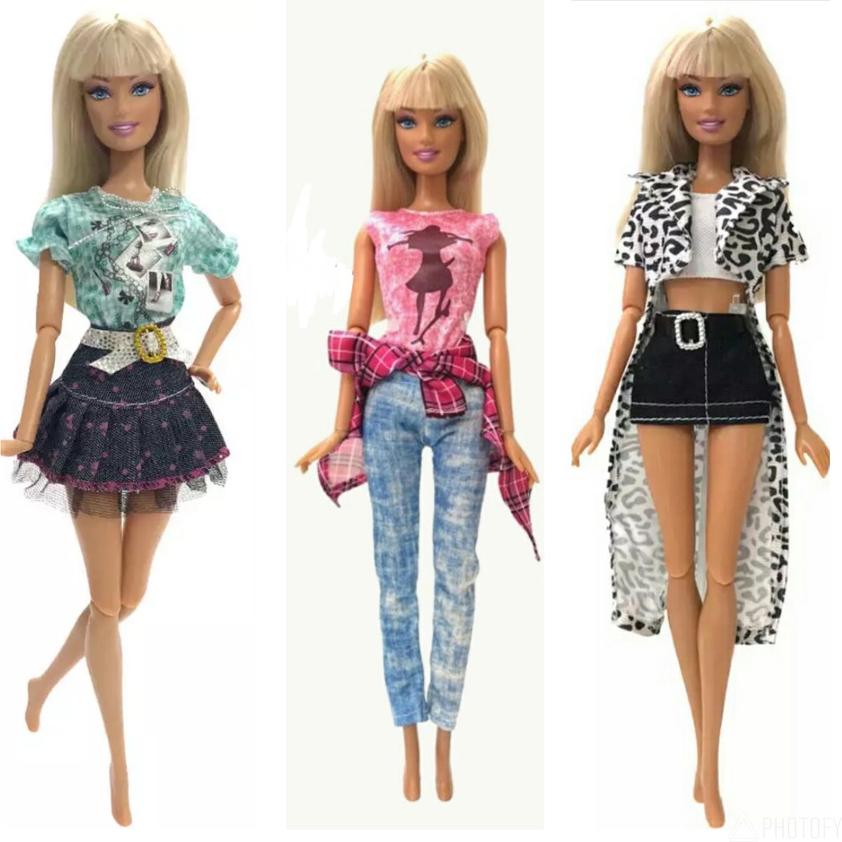 Poppenkleertjes|Geschikt voor Barbie|Set van 3 outfits| Rokjes, shirts, blousjes, broek, crop top, riem